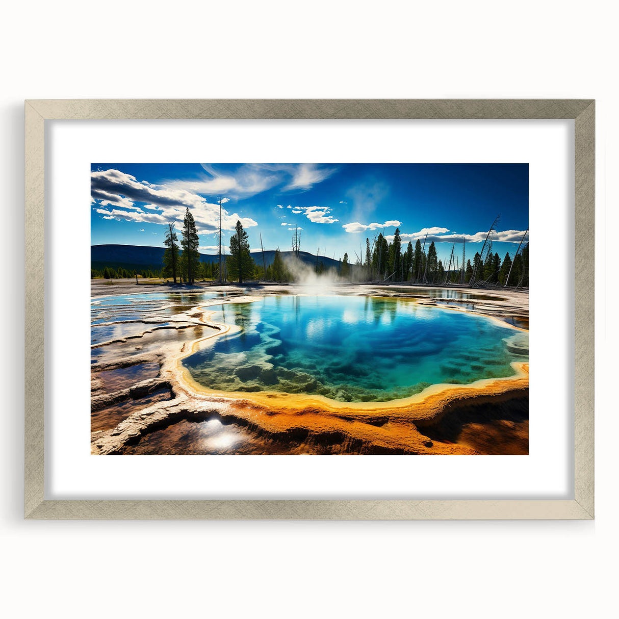 Textured abstract art print depicting Yellowstone scenery in muted earth tones, framed in silver, ideal for bedroom art.