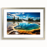 Textured abstract art print depicting Yellowstone scenery in muted earth tones, framed in silver, ideal for bedroom art.