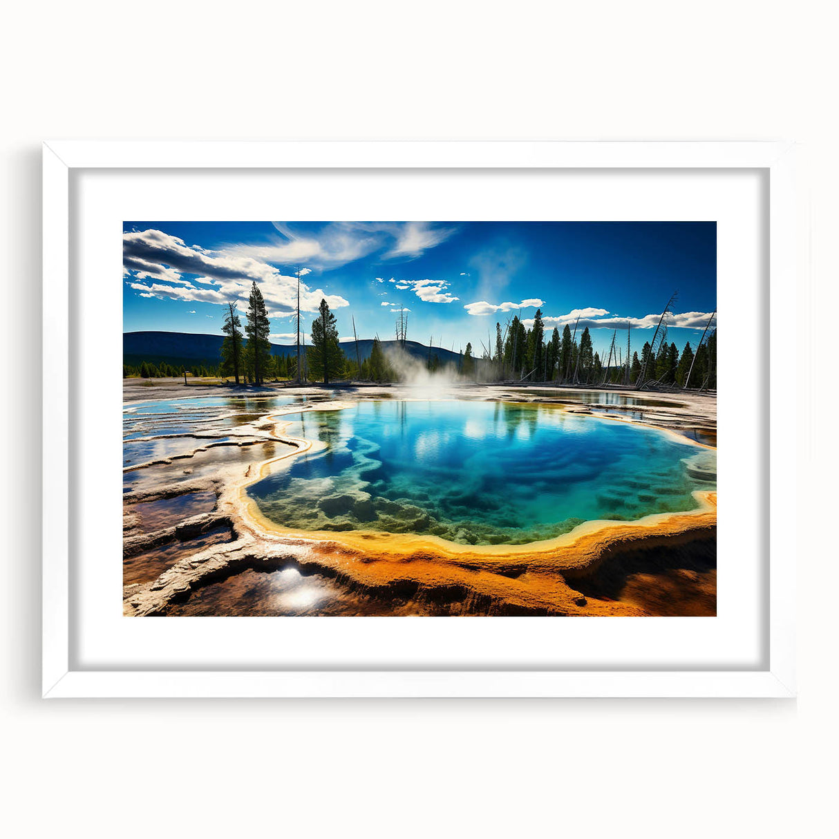 Abstract art print of Yellowstone scenery in muted earth tones on a white-framed mat, suitable for dining room decor.