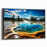 Black and white framed canvas featuring a vintage-style Yellowstone landscape, ideal for bedroom wall decor.