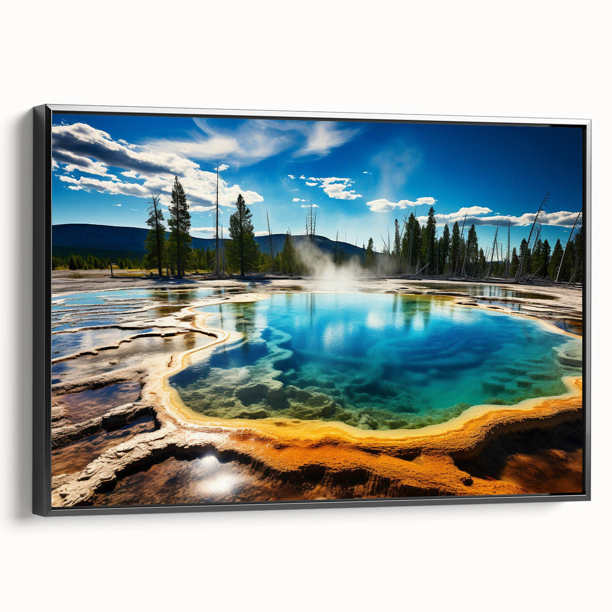Large abstract wall art depicting Yellowstone scenery in vibrant earth tones on a framed canvas.