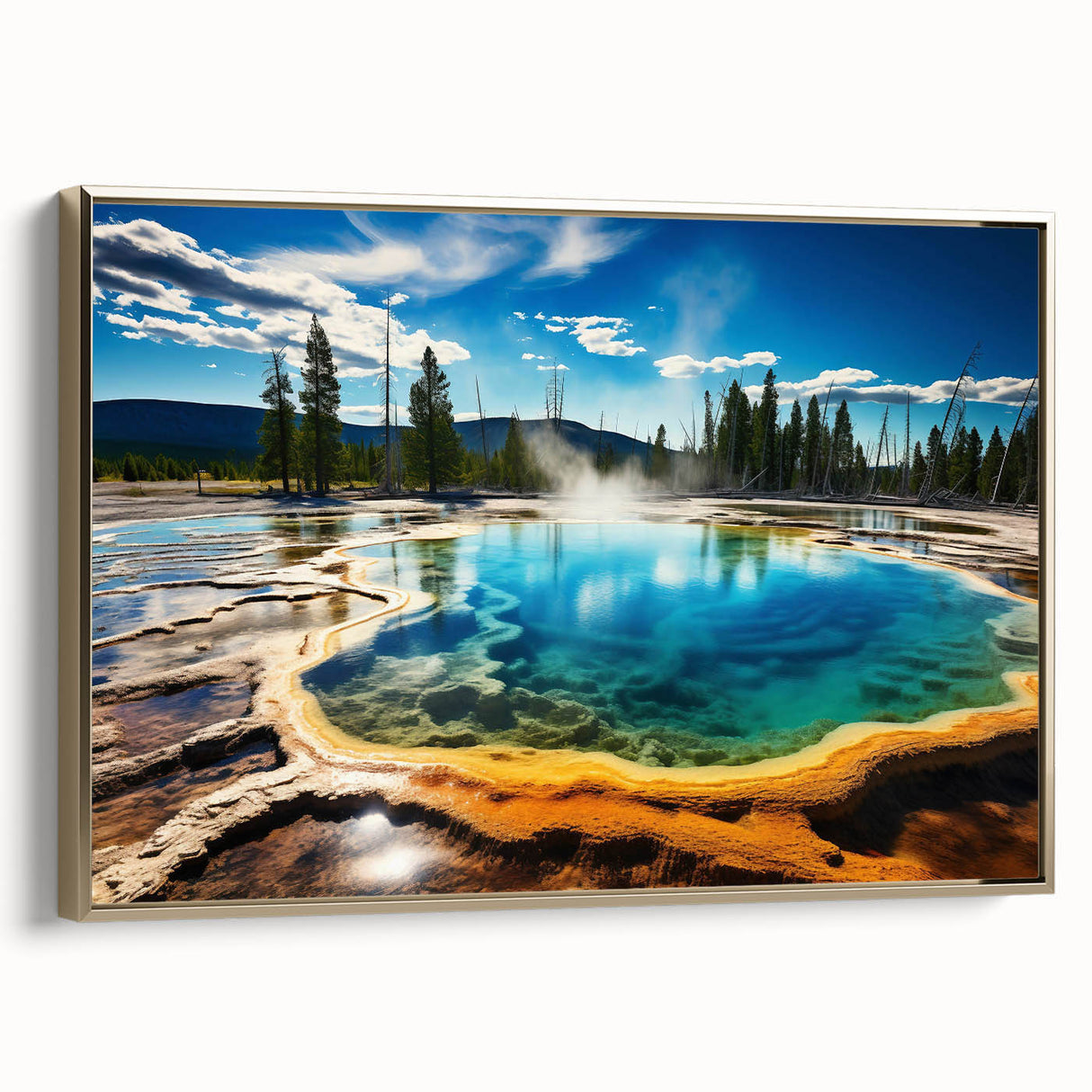 Framed canvas featuring a serene Yellowstone landscape in muted earth tones.