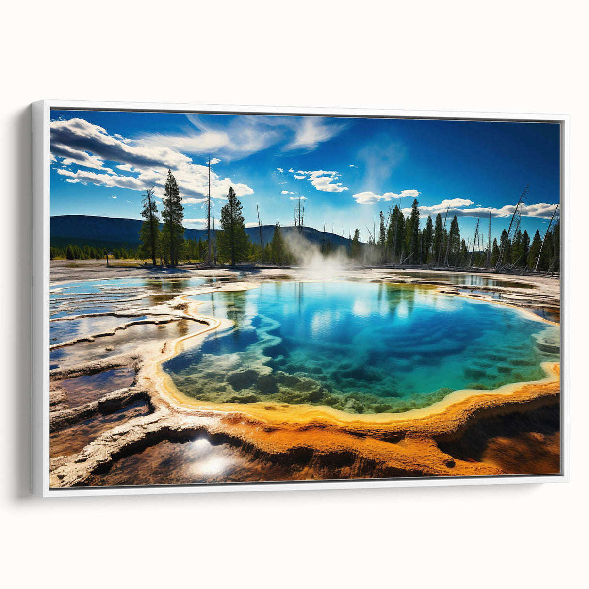 Yellowstone landscape on framed canvas featuring natural colors and wildlife.