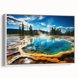 Yellowstone landscape on framed canvas featuring natural colors and wildlife.