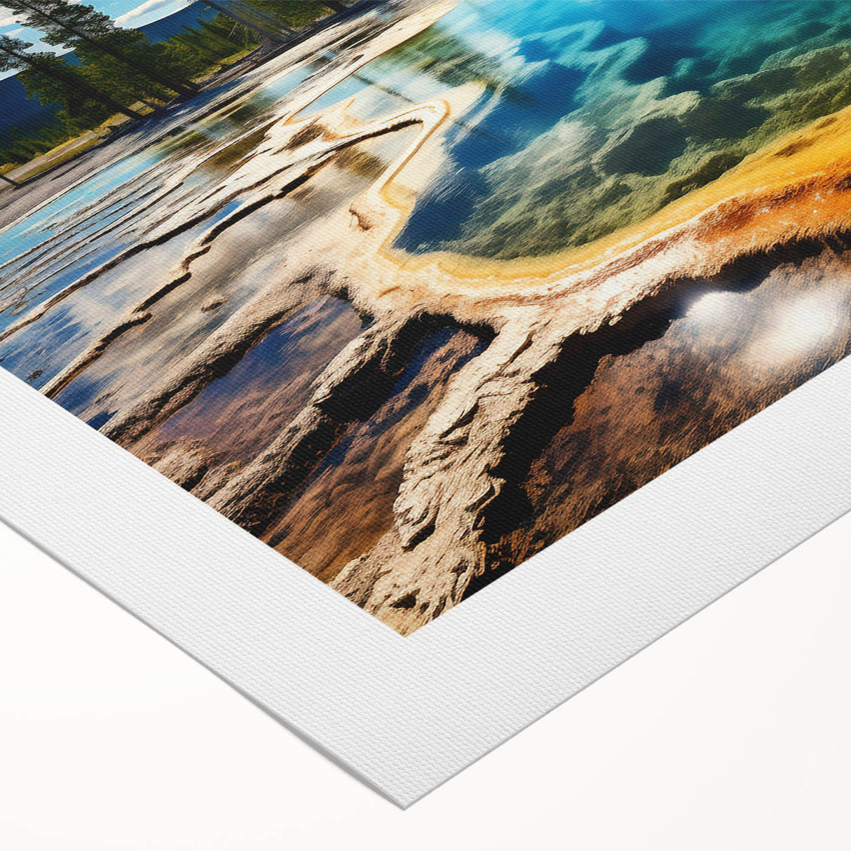 Art deco poster of Yellowstone scenery in muted earth tones on rolled canvas, suitable for dining room wall art.