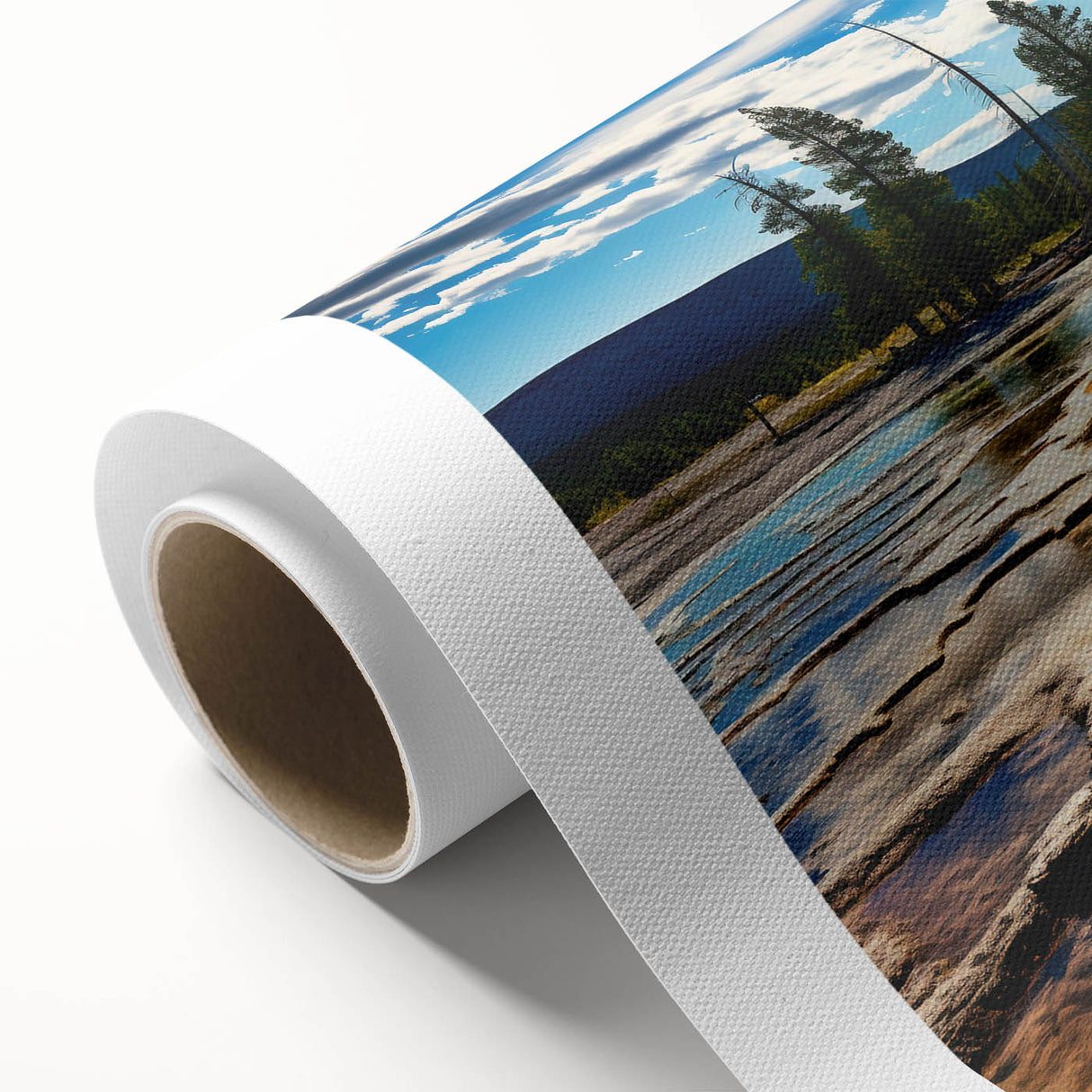 Art deco poster of Yellowstone scenery in pastel shades on rolled canvas, suitable as nursery wall art or for dining rooms.