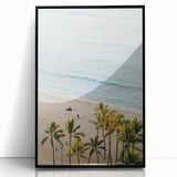 Large abstract wall art featuring swirling blue and cream patterns on acrylic, framed in black.