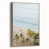 Framed canvas landscape painting with muted earth tones and vintage poster style, ideal for bedroom wall art.