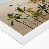 Art deco poster featuring a summer beach scene in muted blues and oranges on a rolled canvas, suitable for dining room decor.