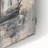 Large abstract wall art featuring a close-up view of a ship on acrylic glass, with neutral and blue tones.