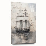 Large abstract wall art of a ship, in mid-century modernist style, with muted blue and gray tones on acrylic glass.
