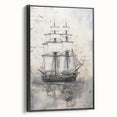 Black and white framed canvas depicting a vintage side view of a ship, suitable for bedroom wall decor.