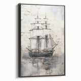 Black and white framed canvas depicting a vintage side view of a ship, suitable for bedroom wall decor.