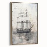 Gold-framed canvas of a vintage ship, in black and gold tones, ideal for bedroom wall art.