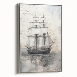 Framed canvas featuring a vintage-style landscape with a silver ship, set against a black and colorful background.