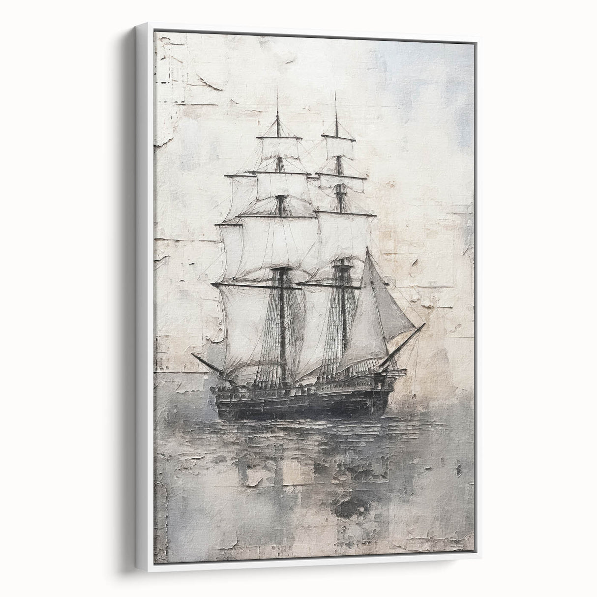 Framed canvas featuring a vintage poster art of a side-view ship, in black with colorful accents.