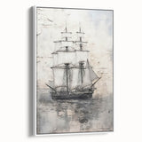 Framed canvas featuring a vintage poster art of a side-view ship, in black with colorful accents.