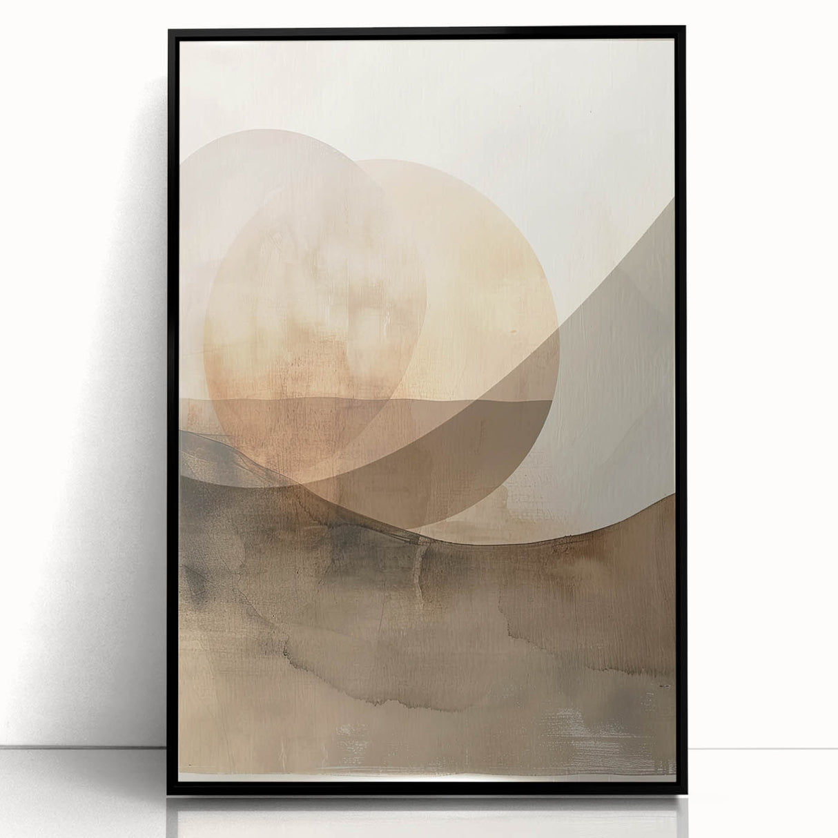 Abstract minimalist wall art framed in black acrylic, showcasing a sleek design with soft colors and geometric shapes, ideal for modern decor.