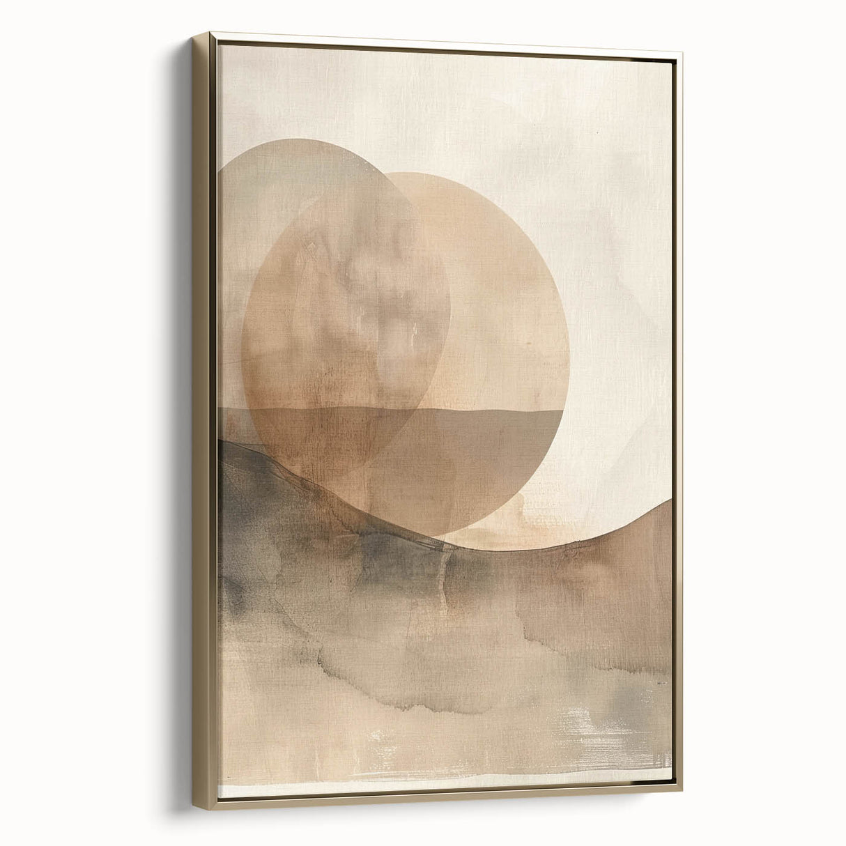 Abstract minimalist wall art featuring a gold-framed canvas with geometric shapes and soft tones, ideal for modern decor in living spaces.