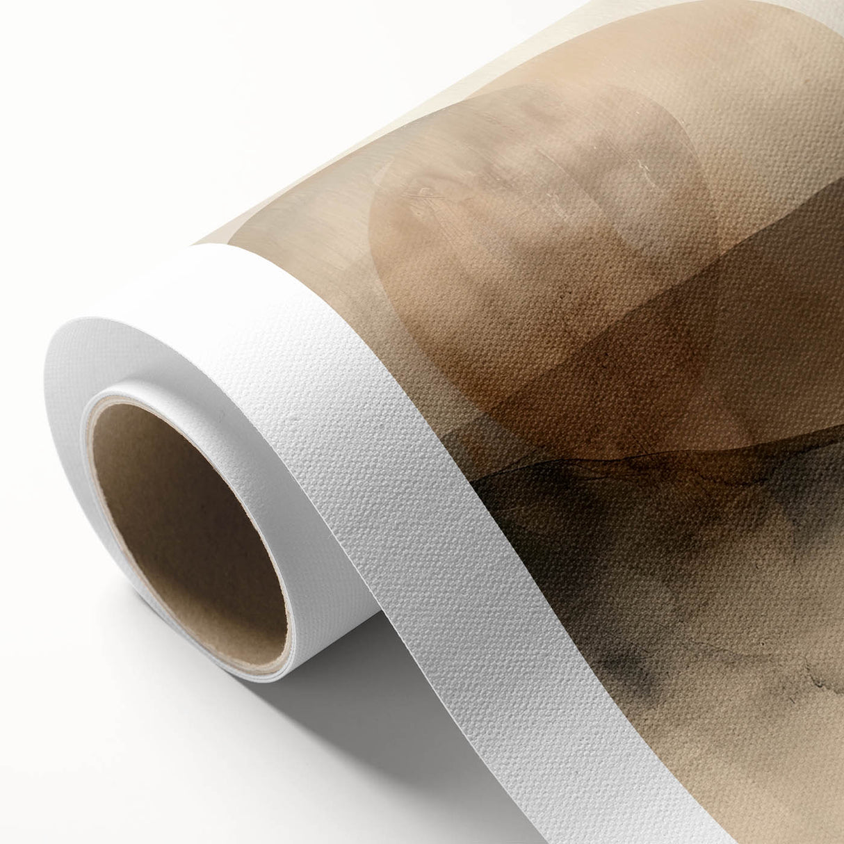 Abstract minimalist wall art on rolled canvas showcasing soft pastel colors and geometric shapes, elegantly packaged in a sturdy cardboard tube for safe shipping. Ideal for modern home decor or office environments.