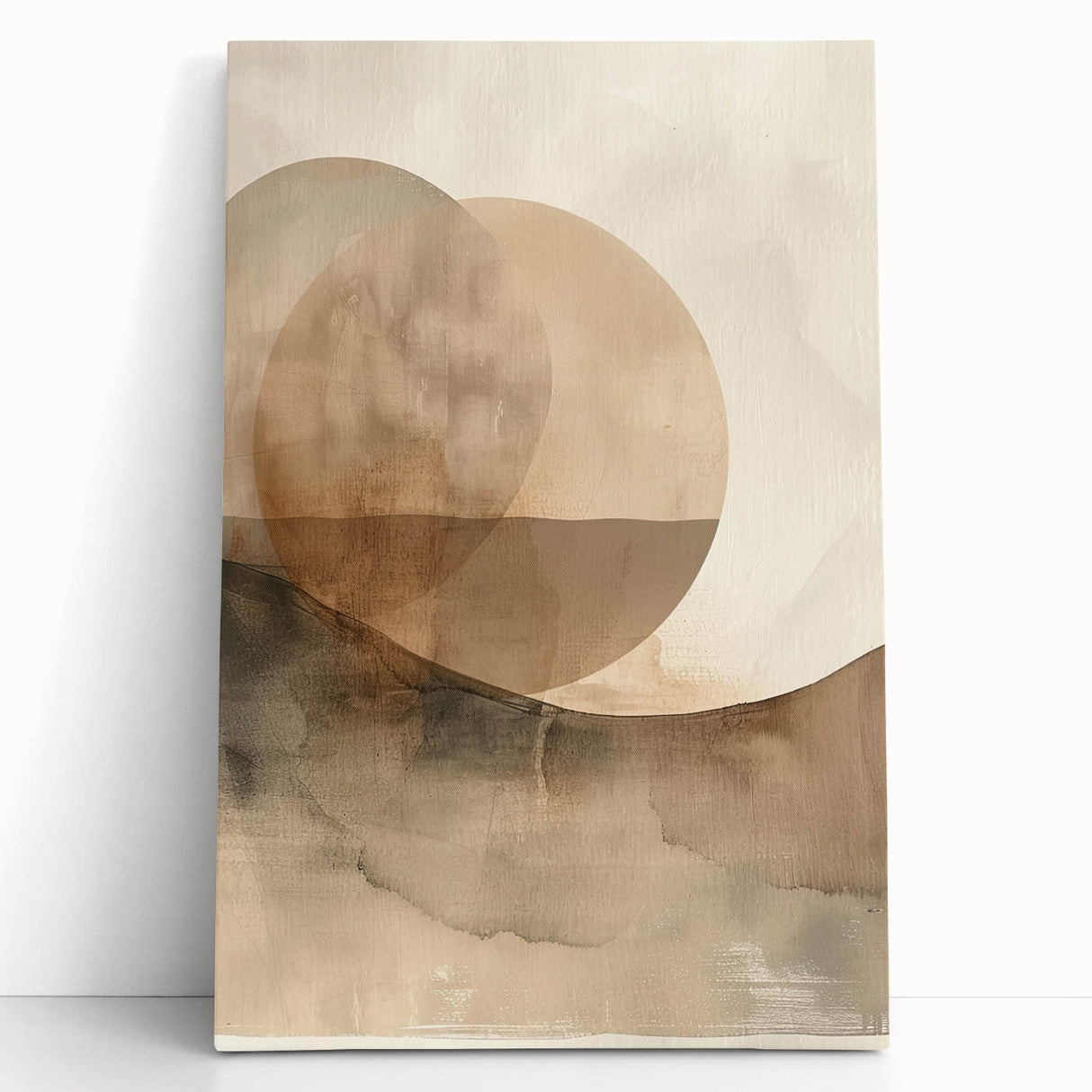 Abstract minimalist wall art featuring soft pastel colors, geometric shapes, and a stretched canvas design, leaning against a neutral wall for an elegant decor accent.