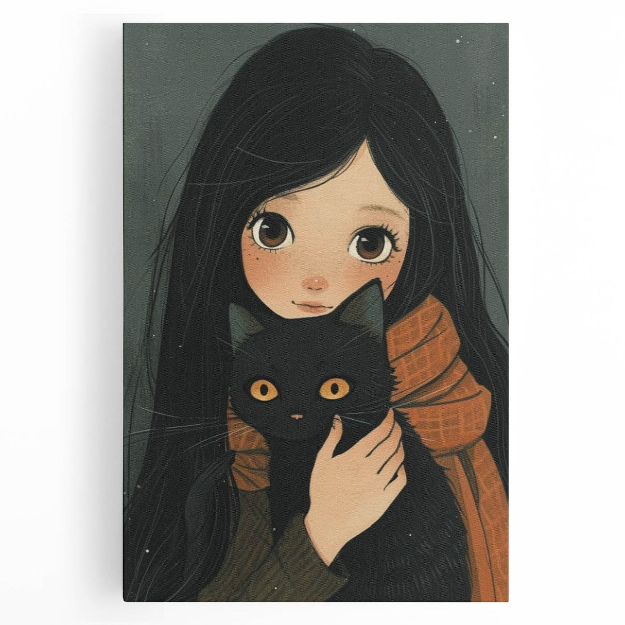 Cozy Girl and Black Cat Wall Art - Warm & Whimsical Nursery Print