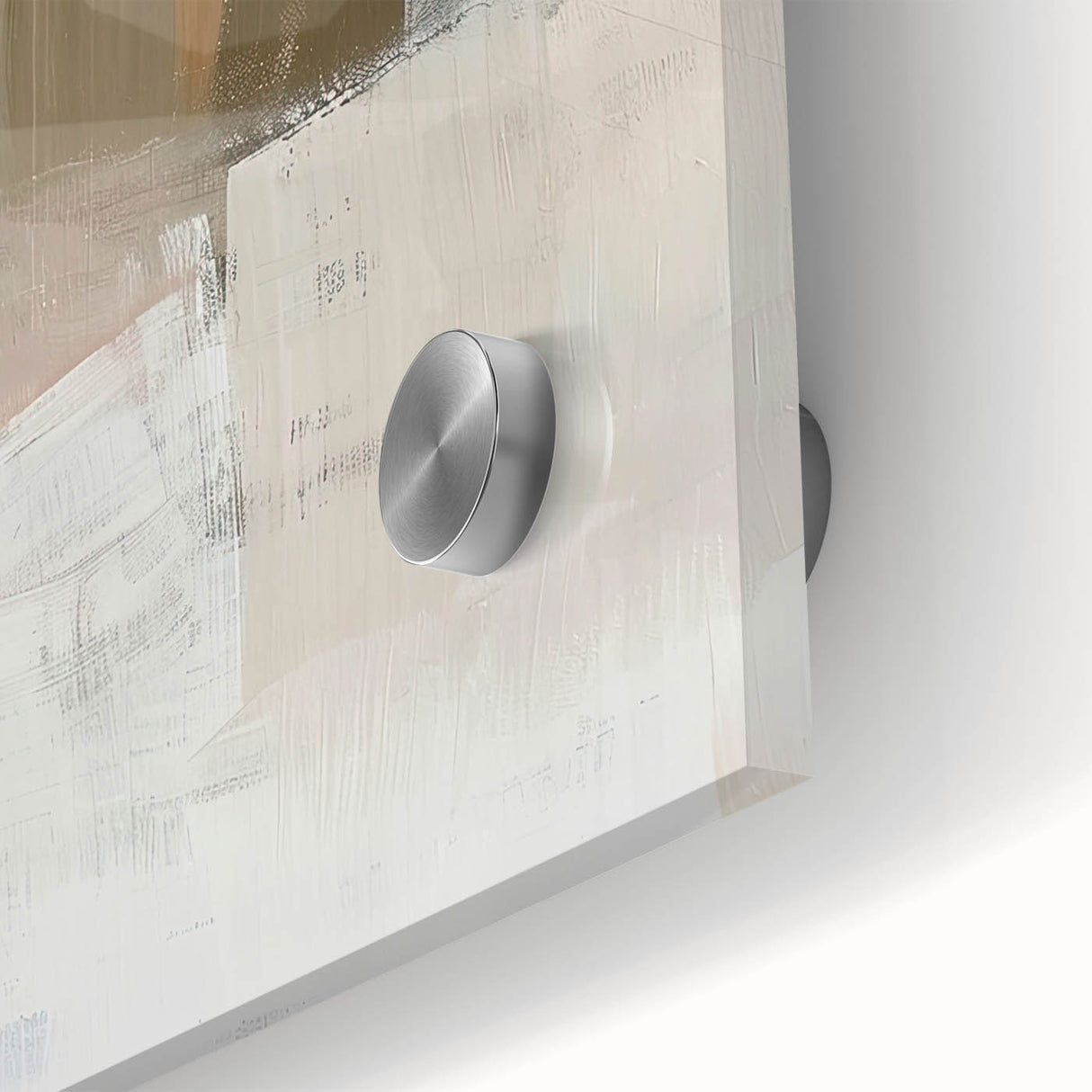 Close-up view of an abstract minimalist wall art piece printed on acrylic glass, showcasing vibrant colors and smooth textures, perfect for modern decor.
