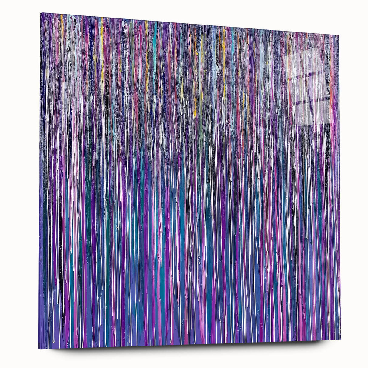 Abstract floral acrylic artwork displayed on a glass panel, showcasing vibrant colors and intricate details, ideal for modern home decor or artistic accents.