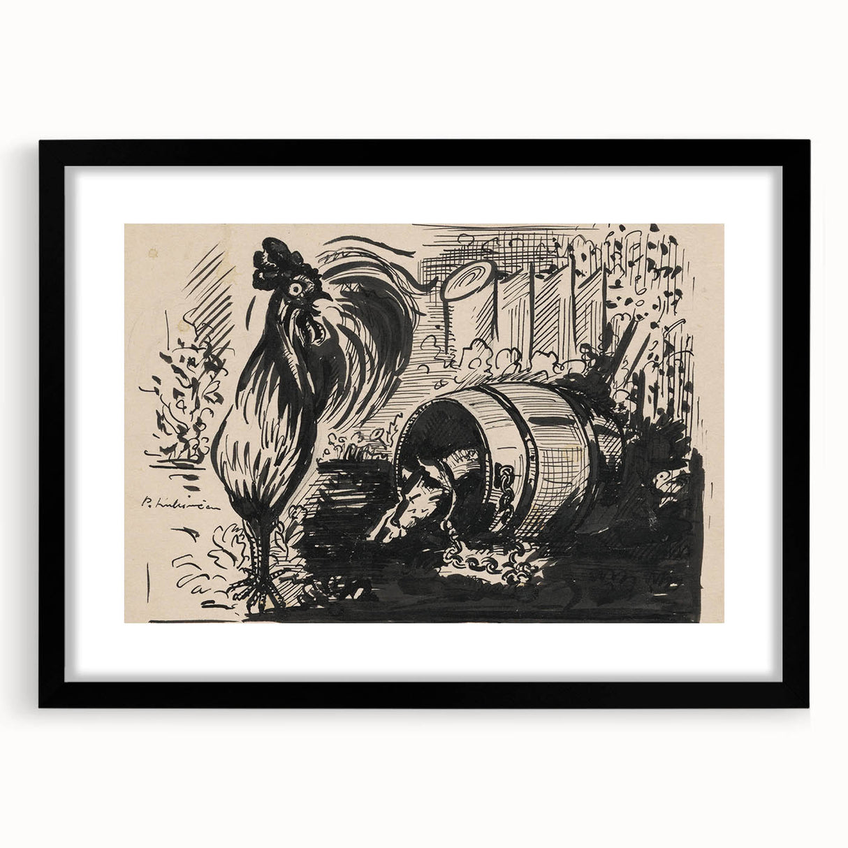 Expressionist Art: The Cock and the Dog | Black and White Abstract Print