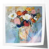 Abstract floral design print mockup showcasing vibrant colors and intricate patterns, displayed in a glossy finish, perfect for modern home decor accents.