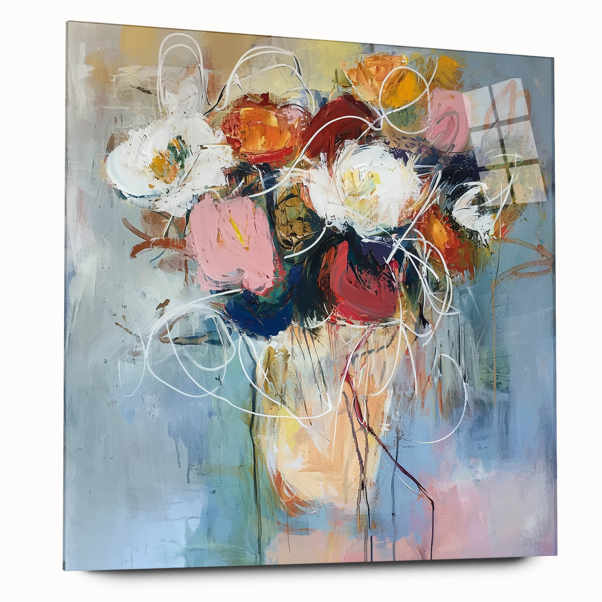 Abstract floral acrylic artwork displayed on a glass panel, showcasing vibrant colors and intricate designs. The side view highlights the smooth finish and modern aesthetic, ideal for enhancing contemporary home decor.
