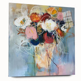 Abstract floral acrylic artwork displayed on a glass panel, showcasing vibrant colors and intricate designs. The side view highlights the smooth finish and modern aesthetic, ideal for enhancing contemporary home decor.