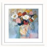 Abstract floral design framed in white mat, showcasing vibrant colors and intricate patterns, perfect for home decor or art display in modern interiors. The artwork adds a touch of elegance and style to any room setting.
