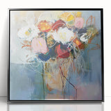 Framed acrylic artwork showcasing an abstract floral design with vibrant colors and intricate patterns, set against a sleek black frame, perfect for modern decor.