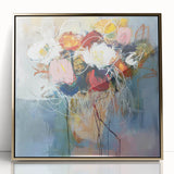 Framed acrylic artwork showcasing an abstract floral design in vibrant colors, accented with a sleek gold frame, ideal for modern home decor.