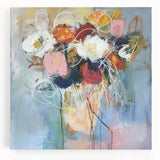Vibrant abstract floral design on stretched canvas, showcasing bold colors and intricate patterns, perfect for brightening modern home decor.