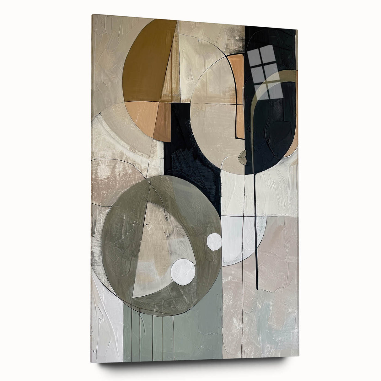 Abstract minimalist wall art displayed in a sleek acrylic frame, showcasing soft pastel colors and geometric shapes, perfect for modern home decor.