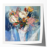 Abstract floral art print mockup showcasing vibrant colors and intricate designs on glossy paper, ideal for home decor or art display. Perfect for modern interiors.