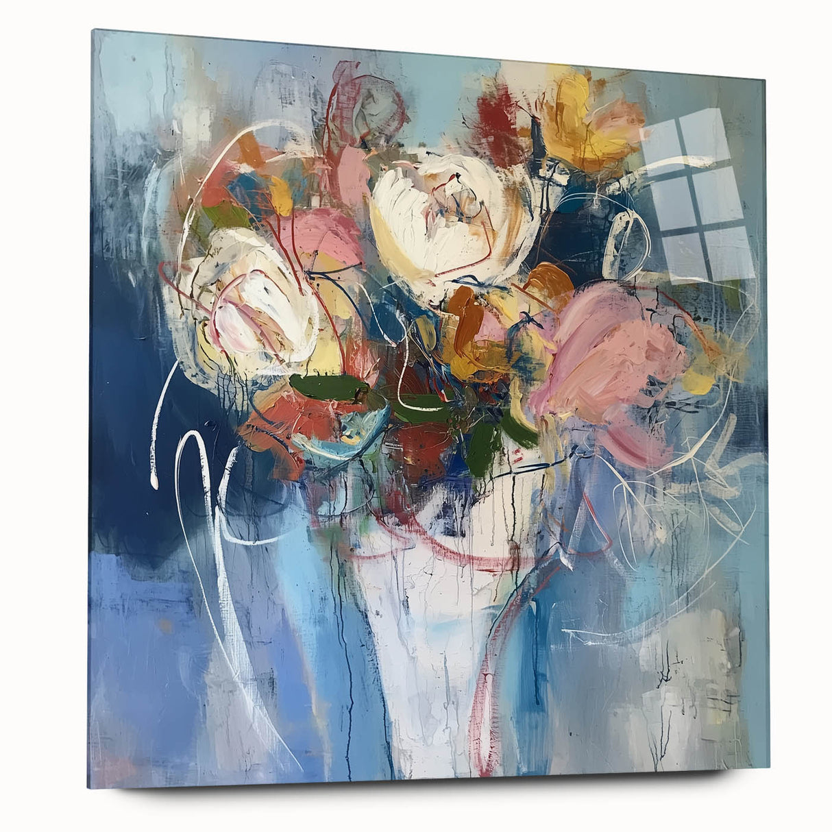 Vibrant abstract floral acrylic artwork displayed on glass, showcasing intricate details and rich colors, ideal for modern home decor. Side view highlights the artwork's depth and design elegance.