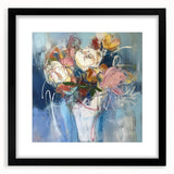 Abstract floral frame artwork with a black mat, showcasing vibrant colors and intricate patterns, ideal for modern home decor or gallery displays.