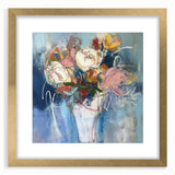Abstract floral frame with a gold mat, showcasing vibrant colors and intricate designs, perfect for enhancing modern home decor and adding elegance to any space.