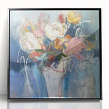 Framed acrylic artwork showcasing an abstract floral design with vibrant colors on a black background. Perfect for modern home decor or art enthusiasts seeking unique wall art.