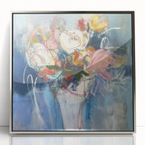 Framed acrylic artwork showcasing vibrant abstract floral designs in silver tones, perfect for modern home decor. Ideal for adding a touch of elegance to any space.