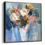 Framed canvas artwork showcasing vibrant abstract floral designs in rich colors, presented in a sleek black frame, perfect for modern home decor.