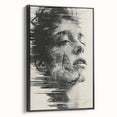 Abstract minimalist wall art featuring a black-framed canvas with geometric shapes and neutral tones, adding a contemporary touch to interior decor. The side view showcases the depth and texture of the artwork, ideal for modern living spaces.