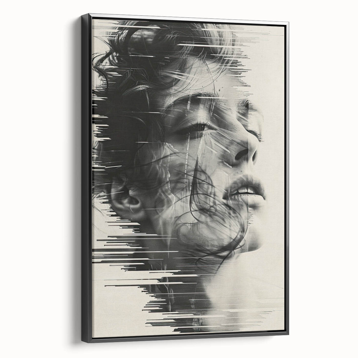Abstract minimalist wall art featuring a black-framed canvas with geometric shapes and neutral tones, adding a contemporary touch to interior decor. The side view showcases the depth and texture of the artwork, ideal for modern living spaces.