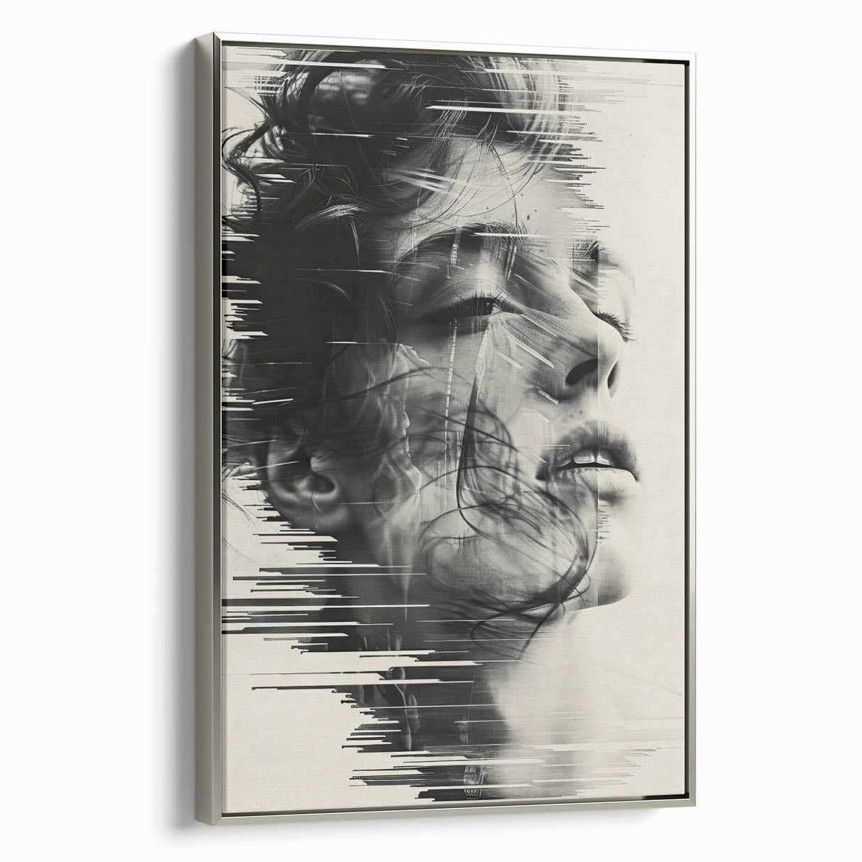 Abstract minimalist wall art displayed in a sleek silver frame, showcasing geometric shapes in soft neutral tones, perfect for modern home decor.