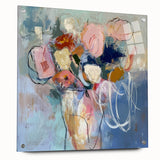 Abstract floral acrylic glass art piece showcasing vibrant colors and intricate designs, displayed from a side view with pins for mounting. Ideal for home decor.