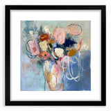 Abstract floral wall art frame with a black mat, showcasing vibrant colors and intricate designs, perfect for modern home decor accents.