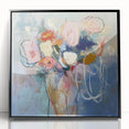Framed acrylic artwork showcasing vibrant abstract floral design in black, ideal for modern home decor. Adds elegance and color to any room setting.